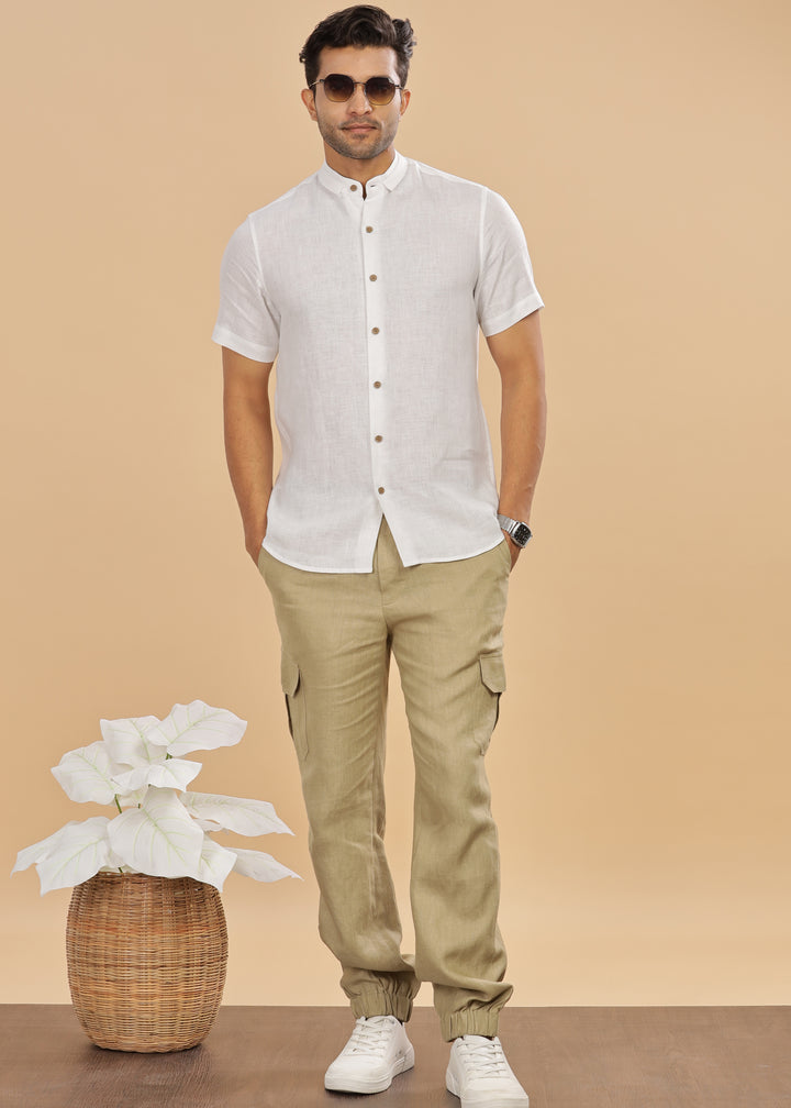 Kael - Pure Linen Stylized Mandarin Collar Half Sleeve Shirt - White