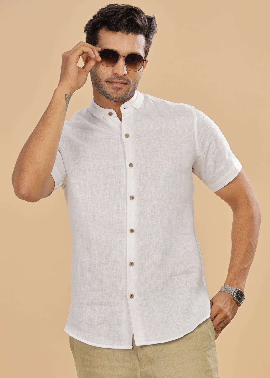 Kael - Pure Linen Stylized Mandarin Collar Half Sleeve Shirt - White