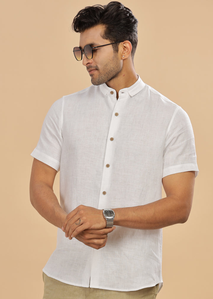 Kael - Pure Linen Stylized Mandarin Collar Half Sleeve Shirt - White