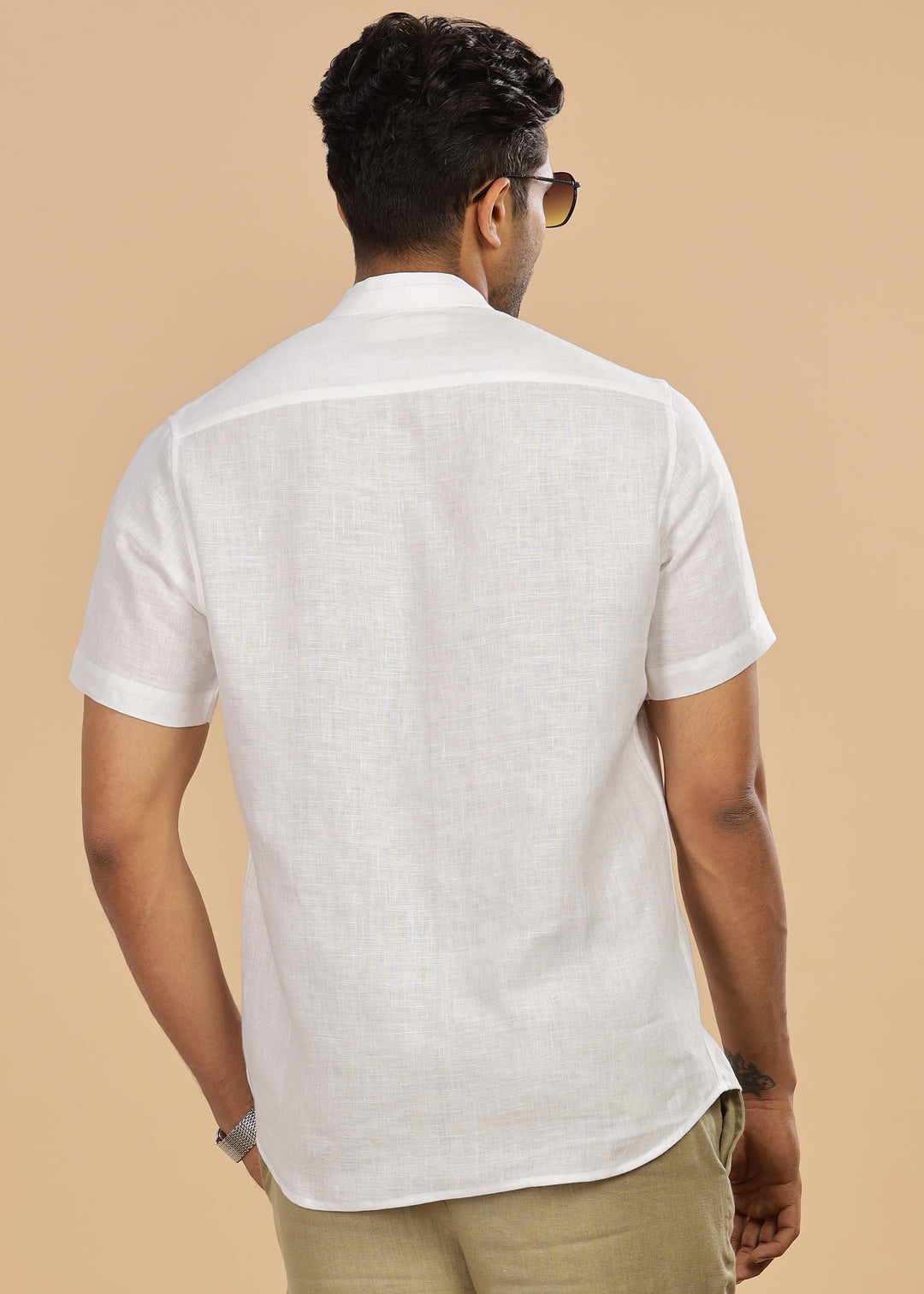 Kael - Pure Linen Stylized Mandarin Collar Half Sleeve Shirt - White