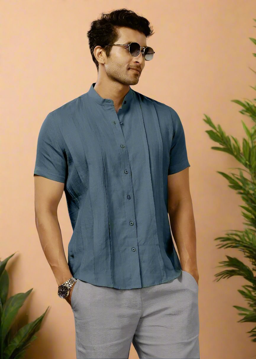 Stark - Pure Linen Half Sleeve Shirt With Band Collar & Space Tuck - Blue Grey