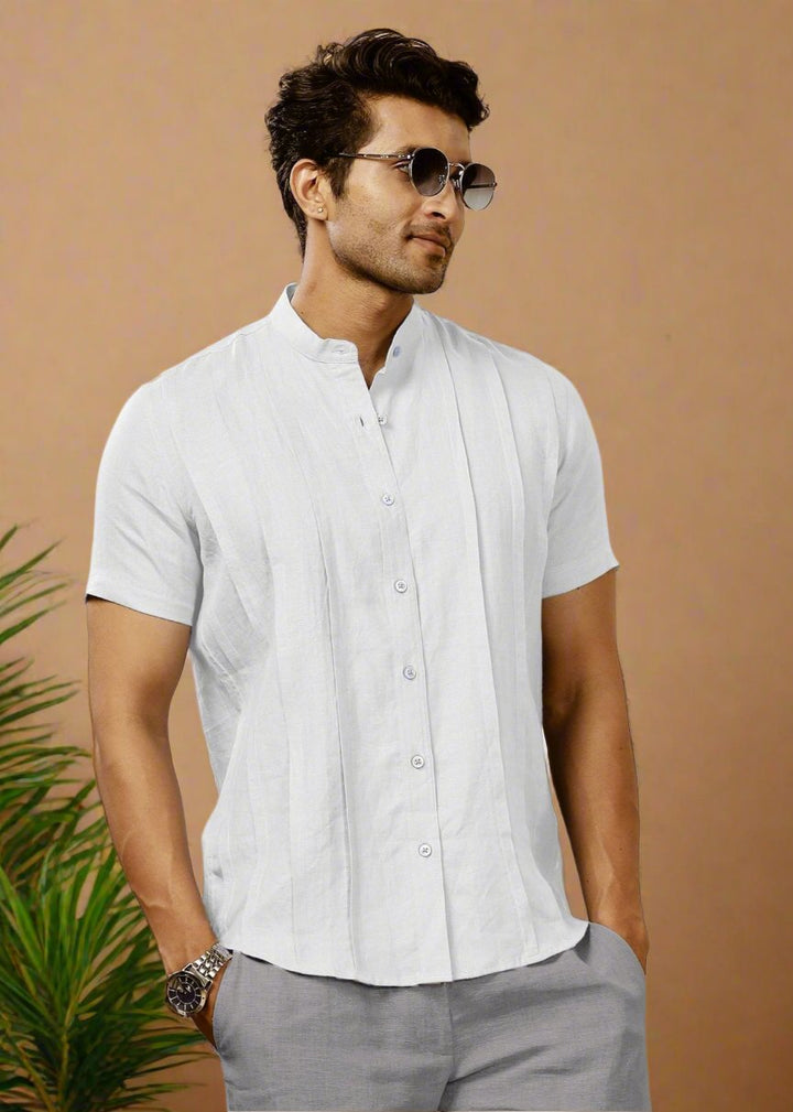 Stark - Pure Linen Half Sleeve Shirt With Band Collar & Space Tuck - Light Grey