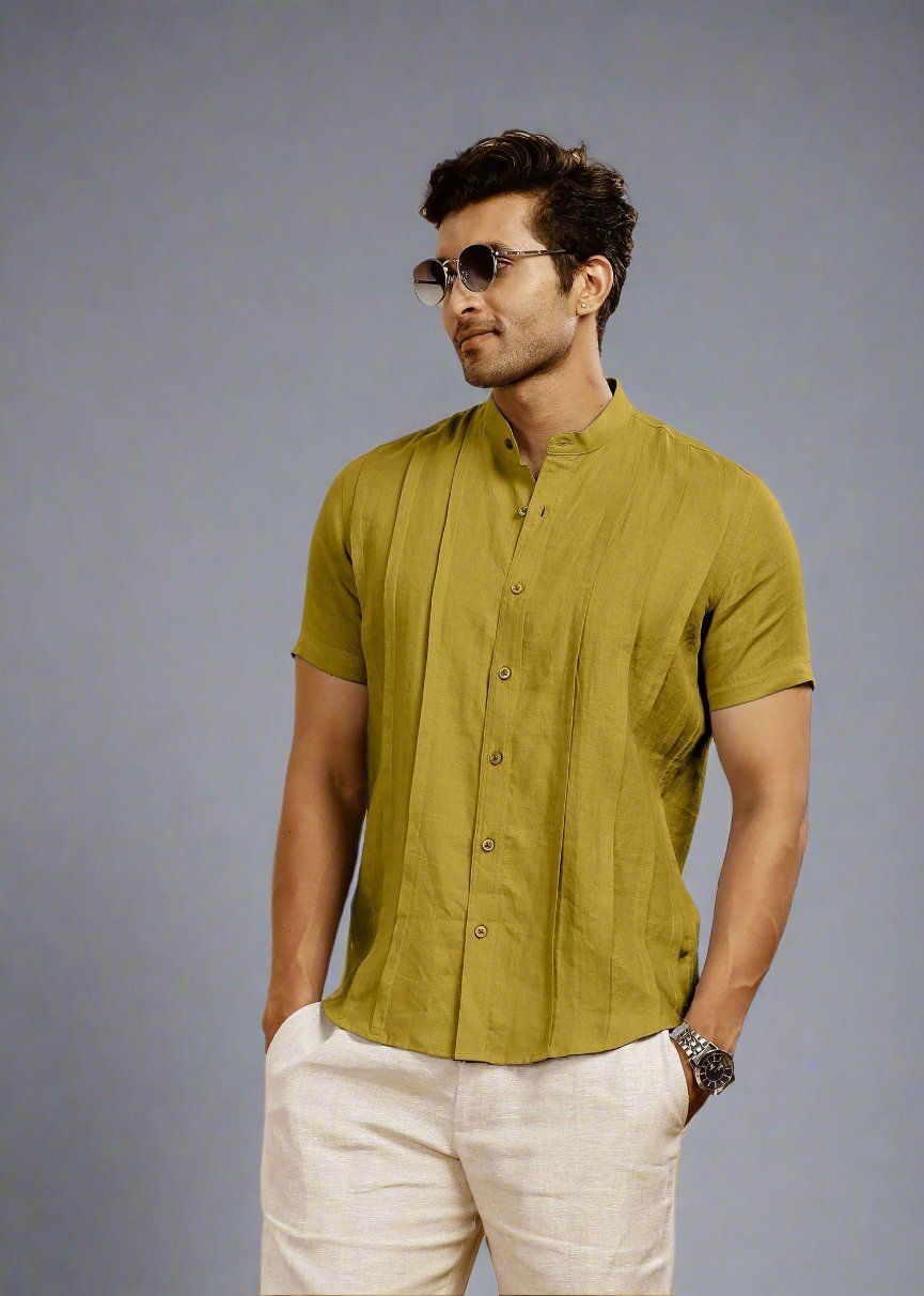 Stark - Pure Linen Half Sleeve Shirt With Band Collar & Space Tuck - SAP Green