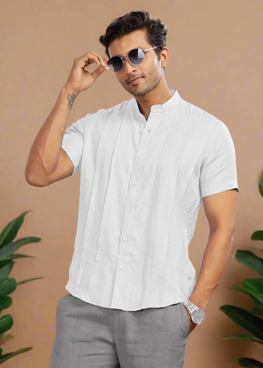 Stark - Pure Linen Half Sleeve Shirt With Band Collar & Space Tuck - Light Grey