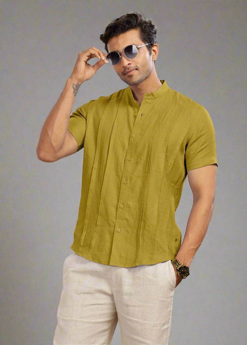 Stark - Pure Linen Half Sleeve Shirt With Band Collar & Space Tuck - SAP Green