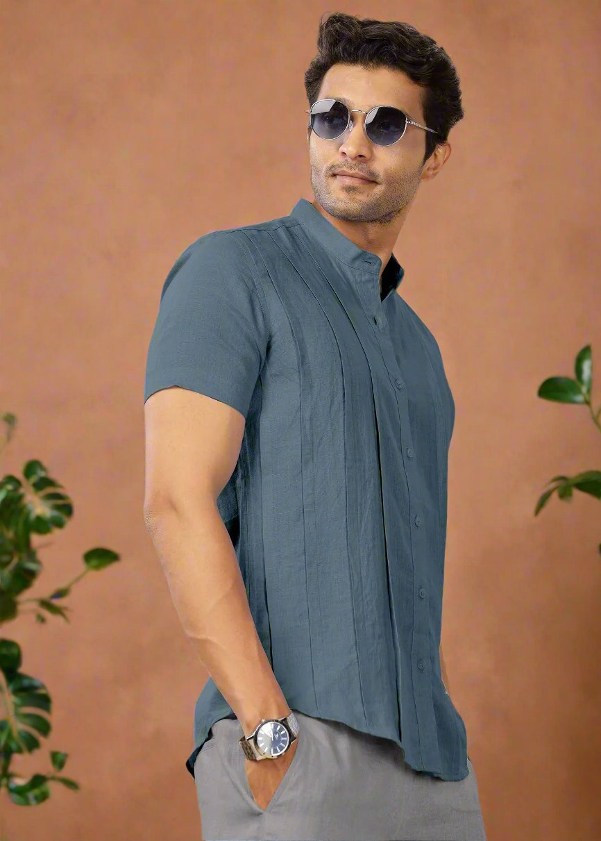 Stark - Pure Linen Half Sleeve Shirt With Band Collar & Space Tuck - Blue Grey