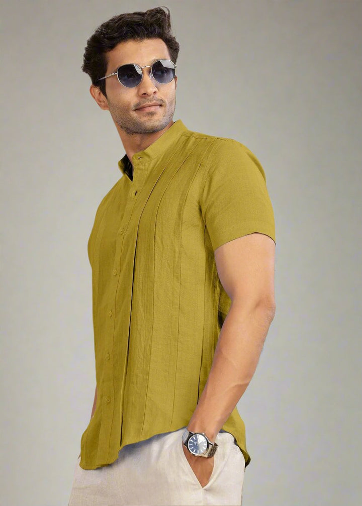 Stark - Pure Linen Half Sleeve Shirt With Band Collar & Space Tuck - SAP Green