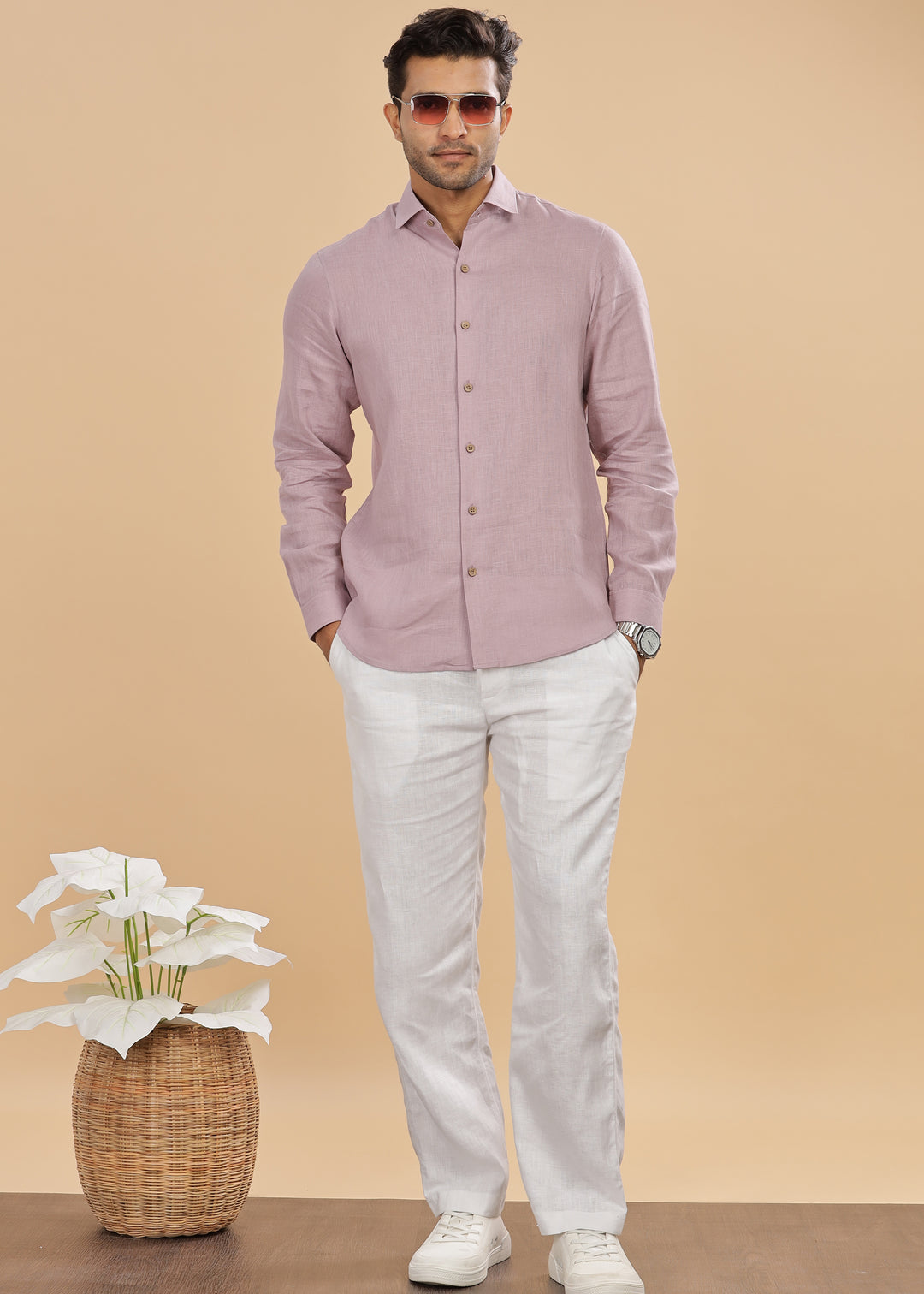 Monarc - Pure Linen Spread Collar Full Sleeve Shirt - Misty Lilac