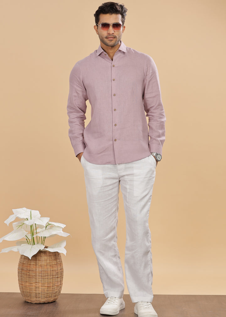 Monarc - Pure Linen Spread Collar Full Sleeve Shirt - Misty Lilac