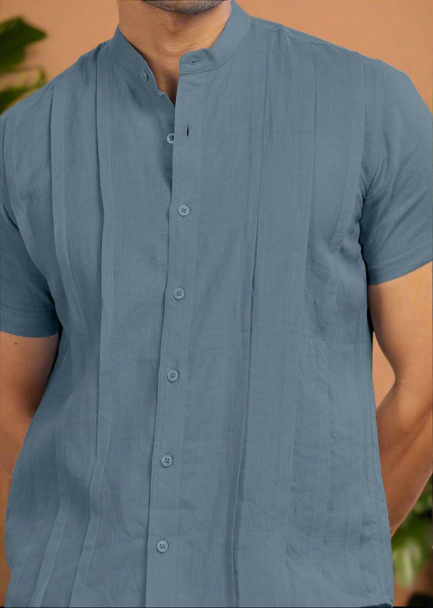 Stark - Pure Linen Half Sleeve Shirt With Band Collar & Space Tuck - Blue Grey