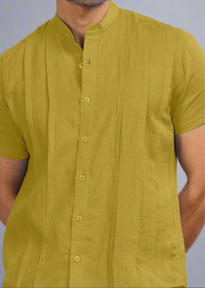 Stark - Pure Linen Half Sleeve Shirt With Band Collar & Space Tuck - SAP Green