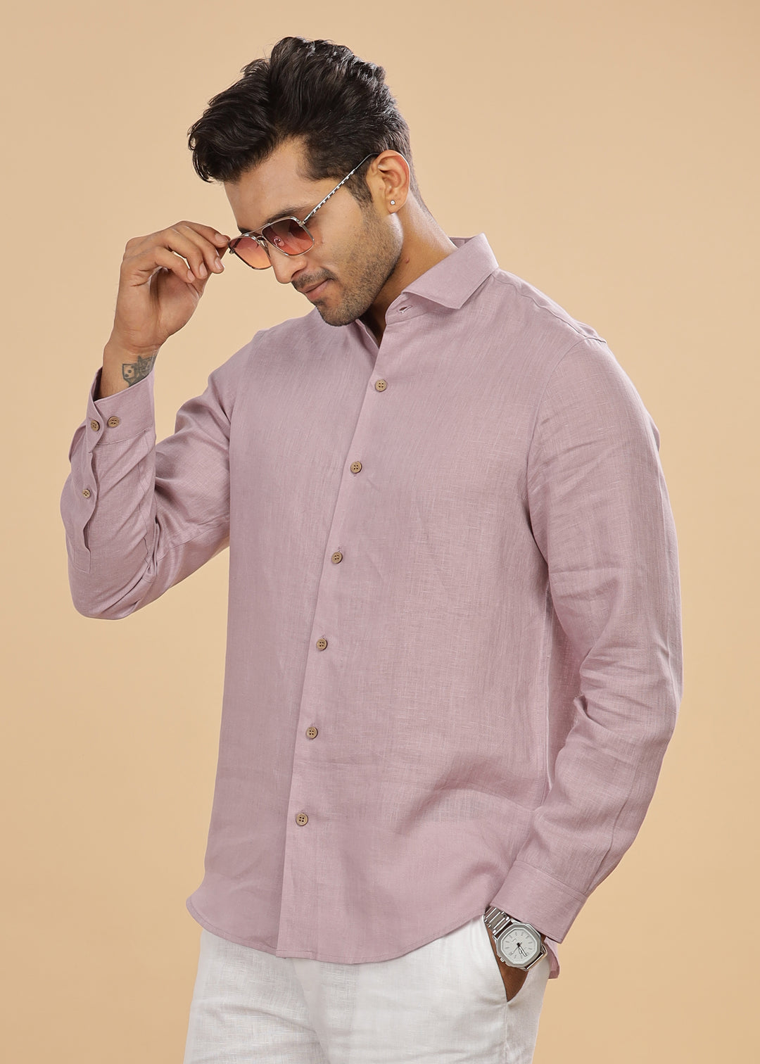 Monarc - Pure Linen Spread Collar Full Sleeve Shirt - Misty Lilac