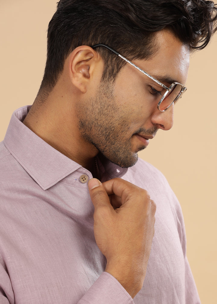 Monarc - Pure Linen Spread Collar Full Sleeve Shirt - Misty Lilac
