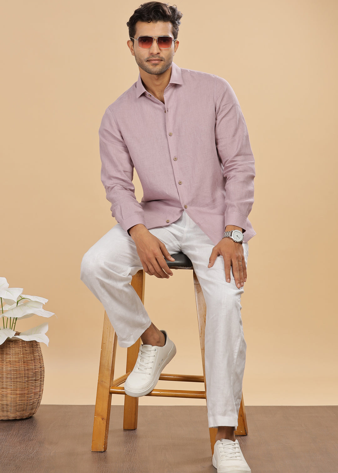 Monarc - Pure Linen Spread Collar Full Sleeve Shirt - Misty Lilac