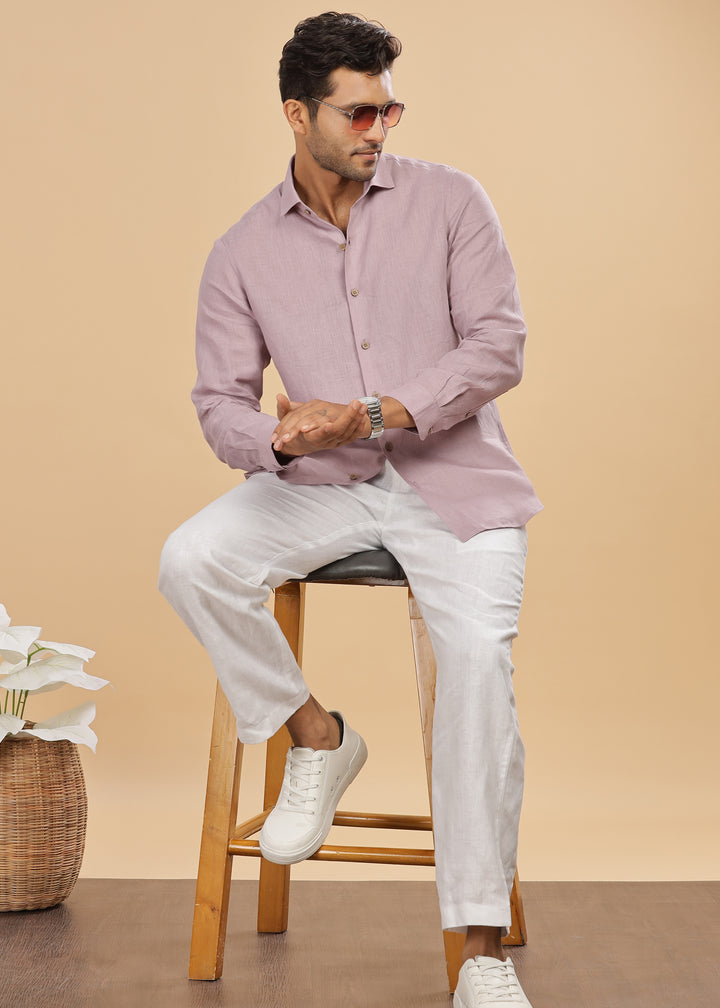 Monarc - Pure Linen Spread Collar Full Sleeve Shirt - Misty Lilac