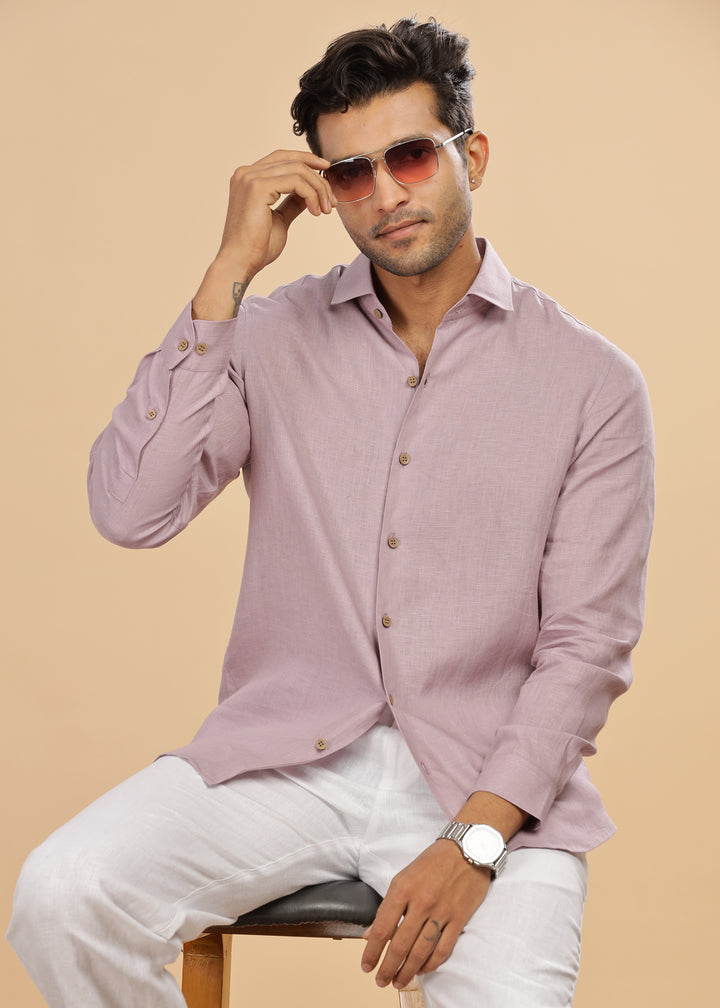 Monarc - Pure Linen Spread Collar Full Sleeve Shirt - Misty Lilac