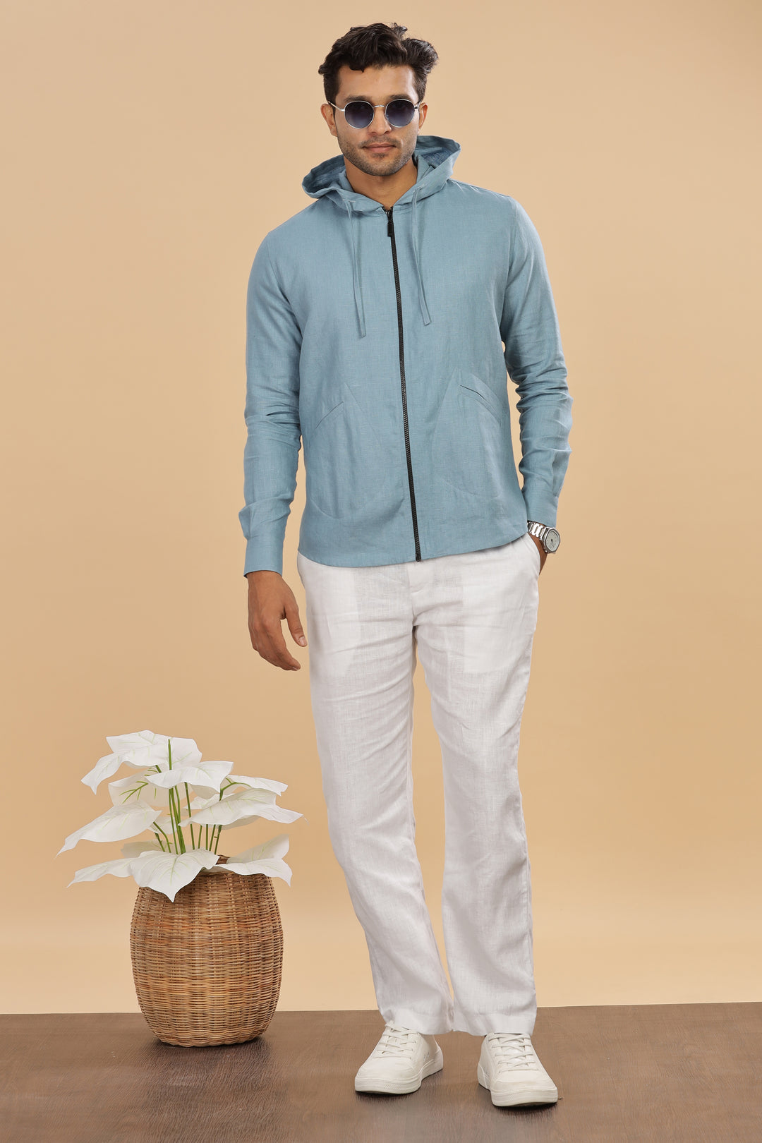 Ace - Pure Linen Hoodie Sweatshirt - Light Blue Grey