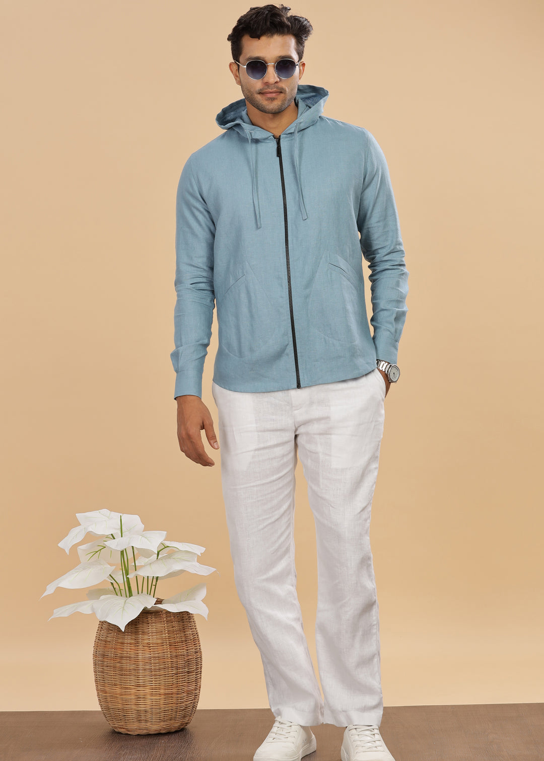 Ace - Pure Linen Hoodie Sweatshirt - Light Blue Grey