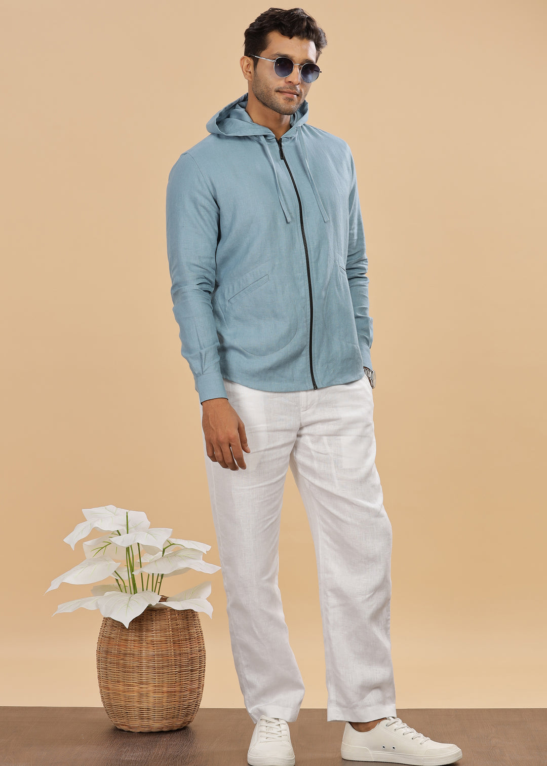 Ace - Pure Linen Hoodie Sweatshirt - Light Blue Grey