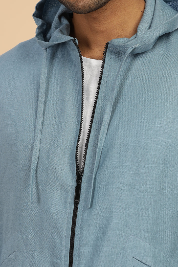 Ace - Pure Linen Hoodie Sweatshirt - Light Blue Grey