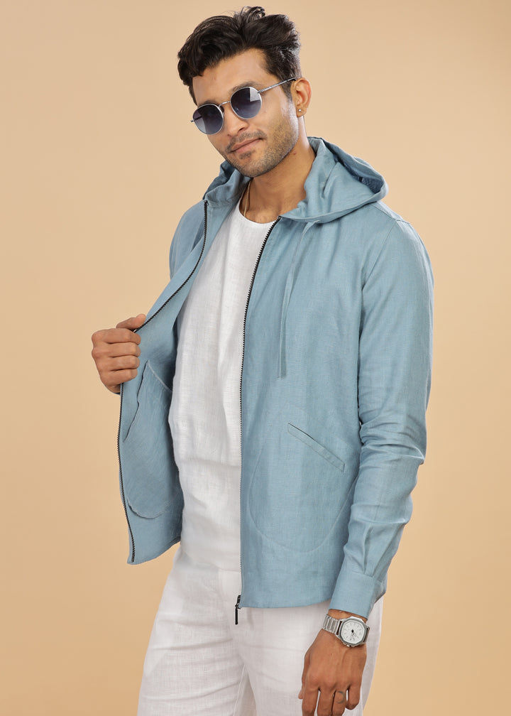 Ace - Pure Linen Hoodie Sweatshirt - Light Blue Grey