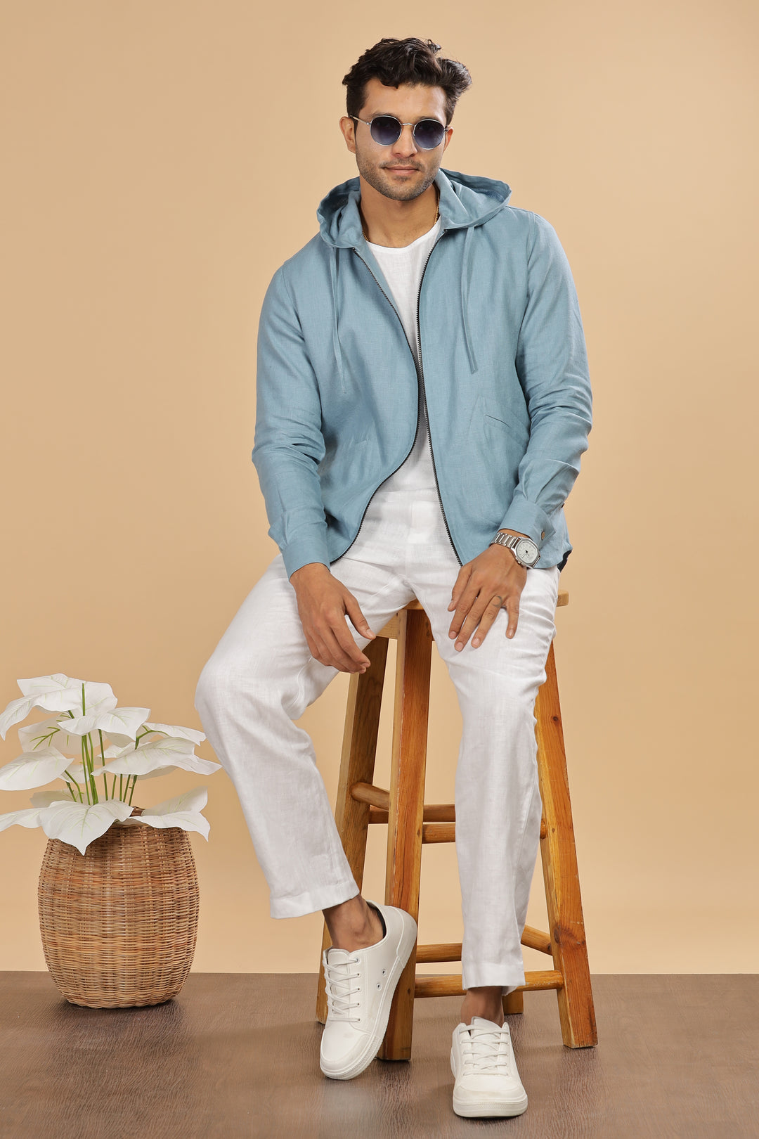 Ace - Pure Linen Hoodie Sweatshirt - Light Blue Grey