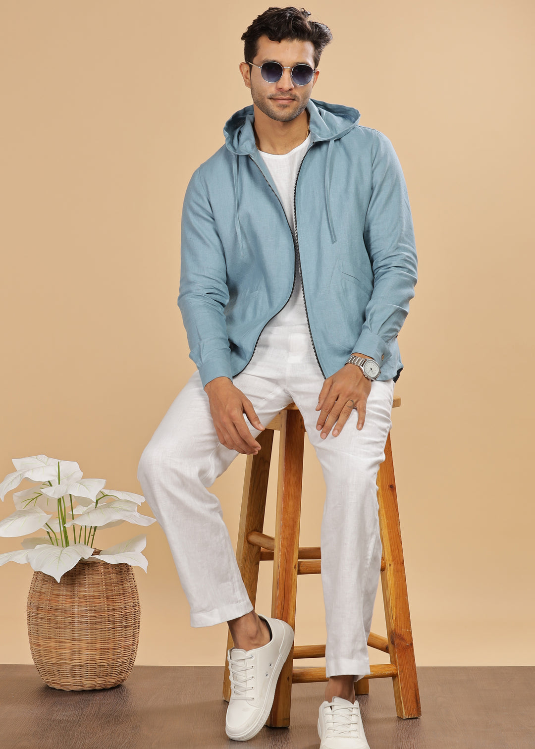 Ace - Pure Linen Hoodie Sweatshirt - Light Blue Grey