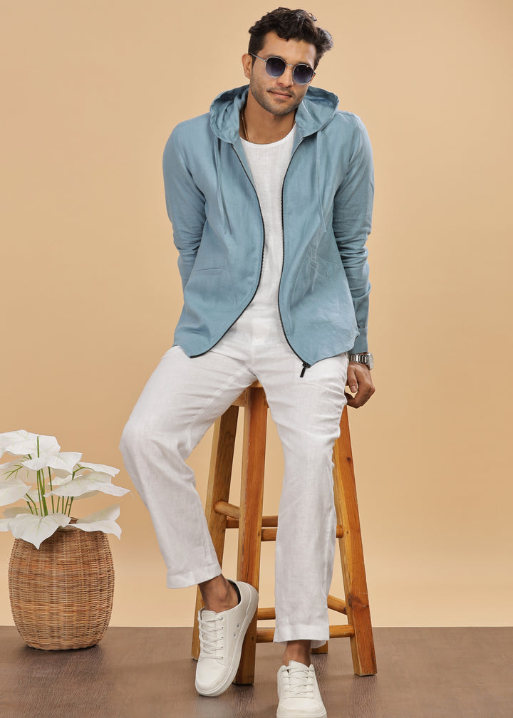 Ace - Pure Linen Hoodie Sweatshirt - Light Blue Grey