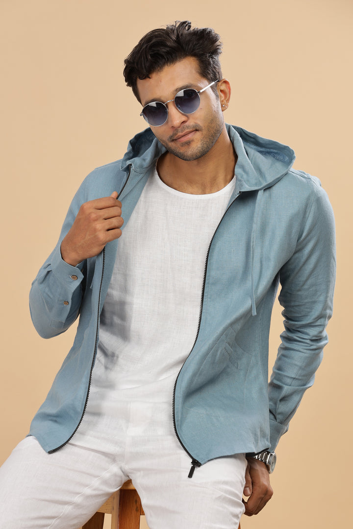 Ace - Pure Linen Hoodie Sweatshirt - Light Blue Grey