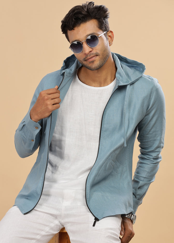 Ace - Pure Linen Hoodie Sweatshirt - Light Blue Grey