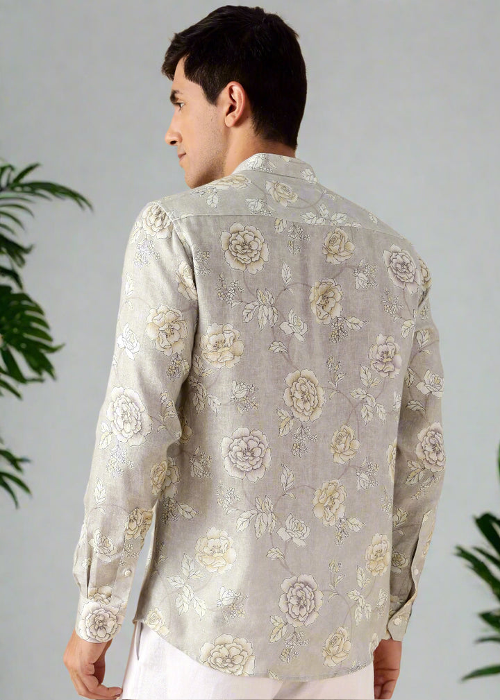 Nico - Pure Linen Full Sleeve Floral Printed Shirt - Light Grey