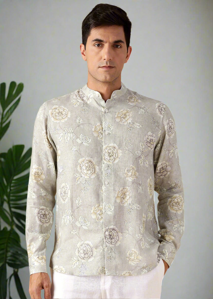 Nico - Pure Linen Full Sleeve Floral Printed Shirt - Light Grey