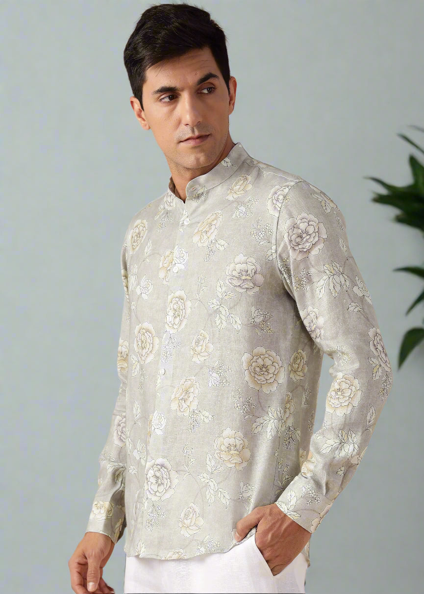 Nico - Pure Linen Full Sleeve Floral Printed Shirt - Light Grey