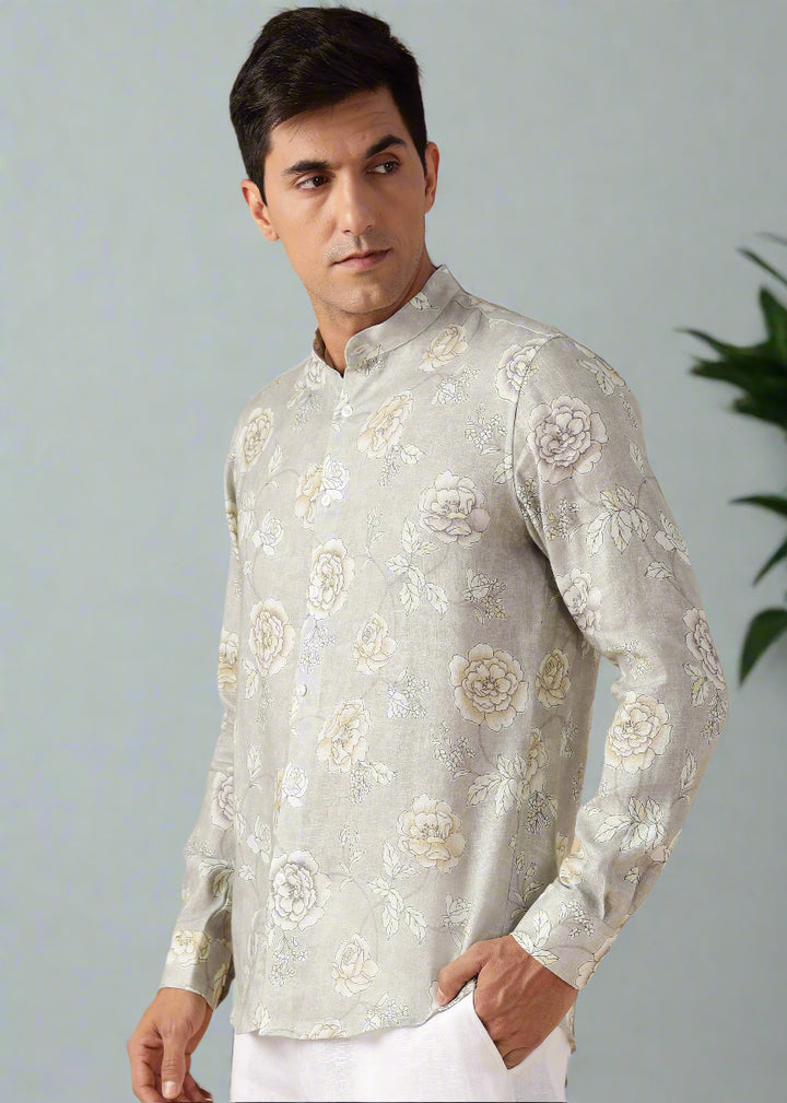 Nico - Pure Linen Full Sleeve Floral Printed Shirt - Light Grey