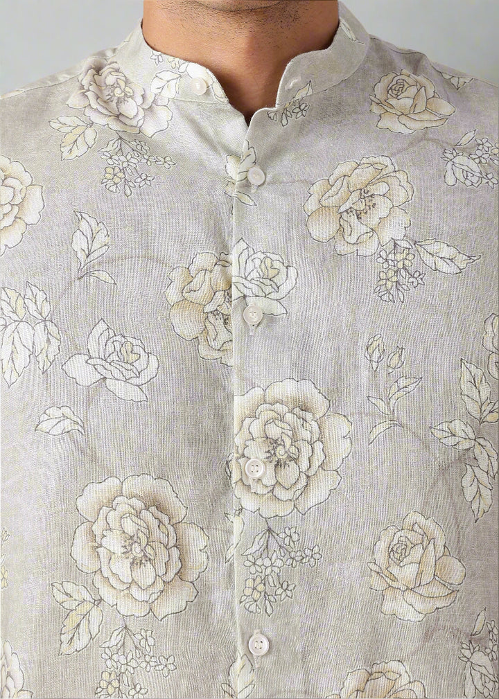 Nico - Pure Linen Full Sleeve Floral Printed Shirt - Light Grey