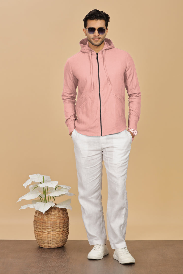 Ace - Pure Linen Hoodie Sweatshirt - Rose Pink