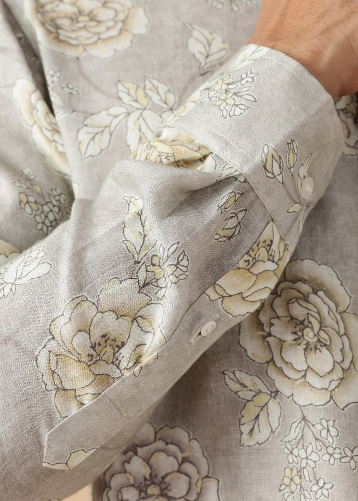 Nico - Pure Linen Full Sleeve Floral Printed Shirt - Light Grey