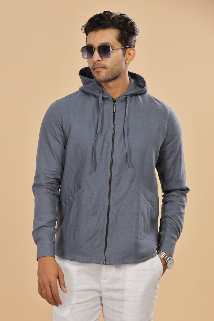 Ace - Pure Linen Hoodie Sweatshirt - Dark Blue Grey