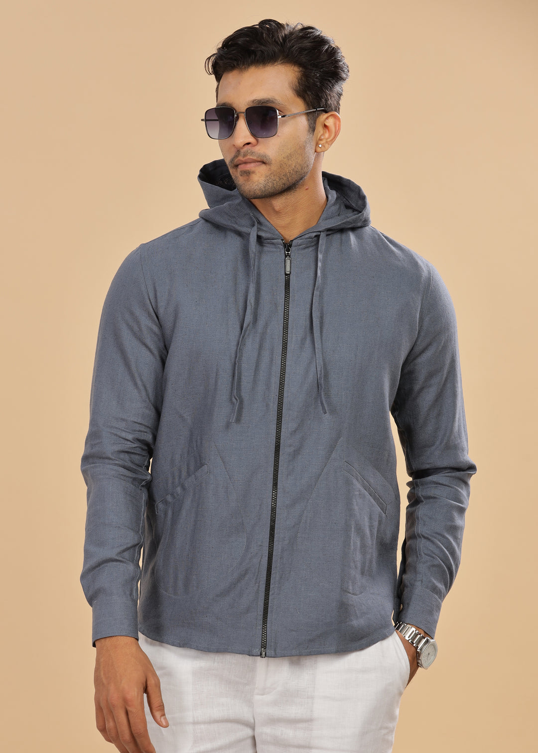 Ace - Pure Linen Hoodie Sweatshirt - Dark Blue Grey