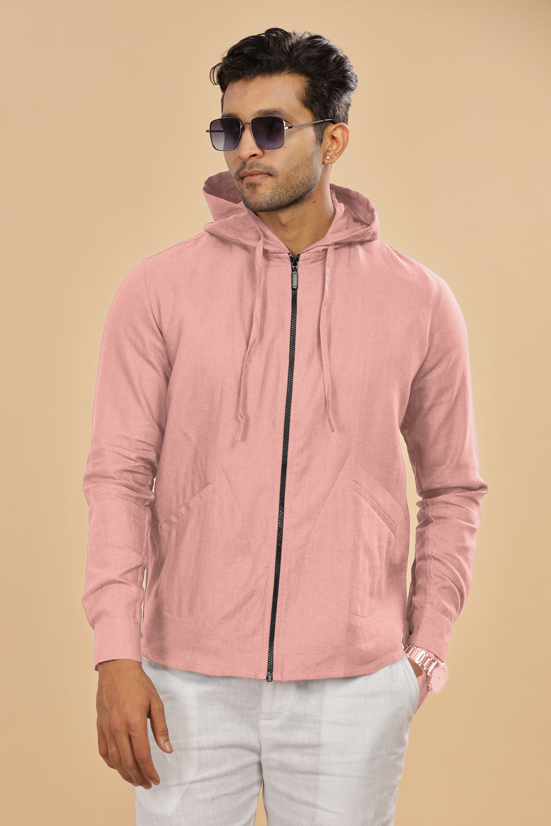 Ace - Pure Linen Hoodie Sweatshirt - Rose Pink