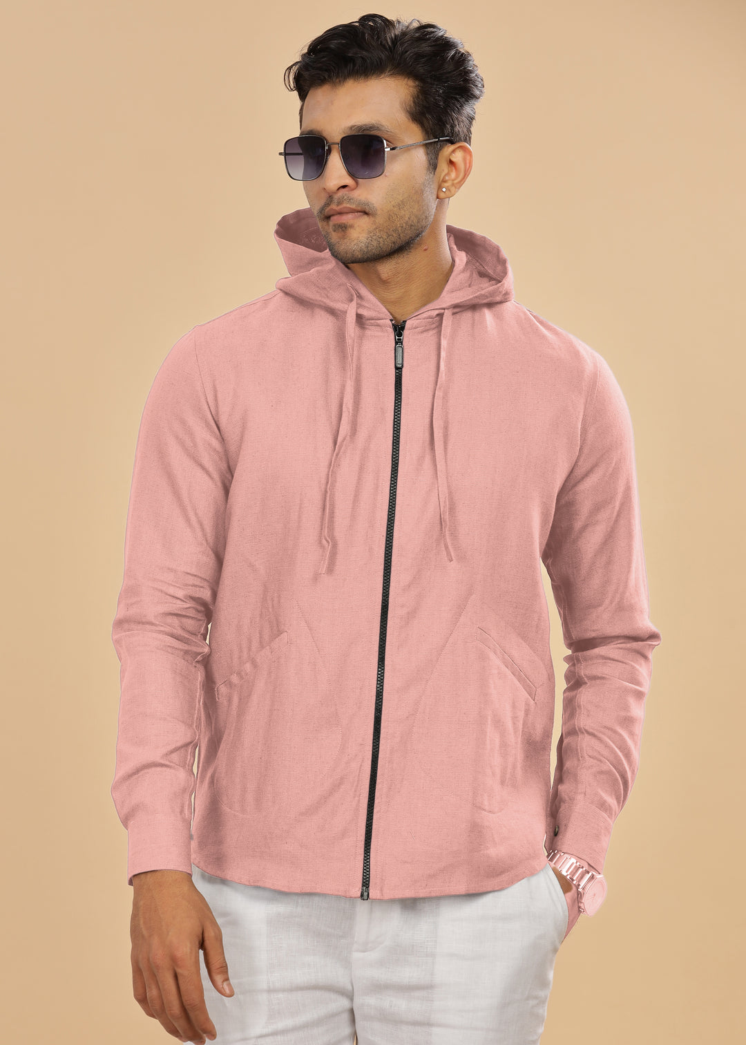 Ace - Pure Linen Hoodie Sweatshirt - Rose Pink