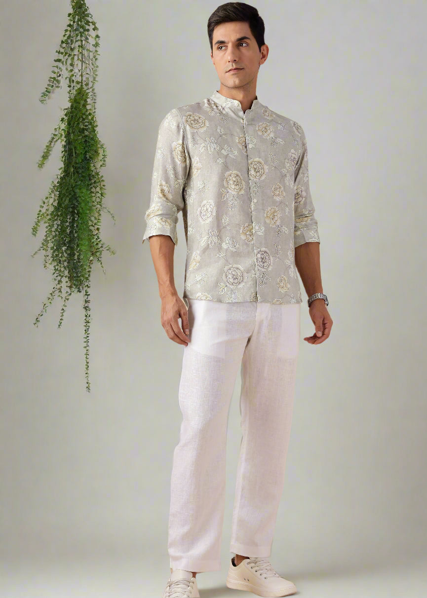 Nico - Pure Linen Full Sleeve Floral Printed Shirt - Light Grey