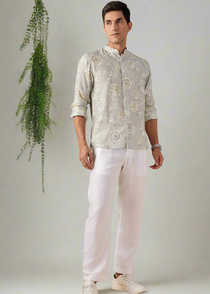 Nico - Pure Linen Full Sleeve Floral Printed Shirt - Light Grey