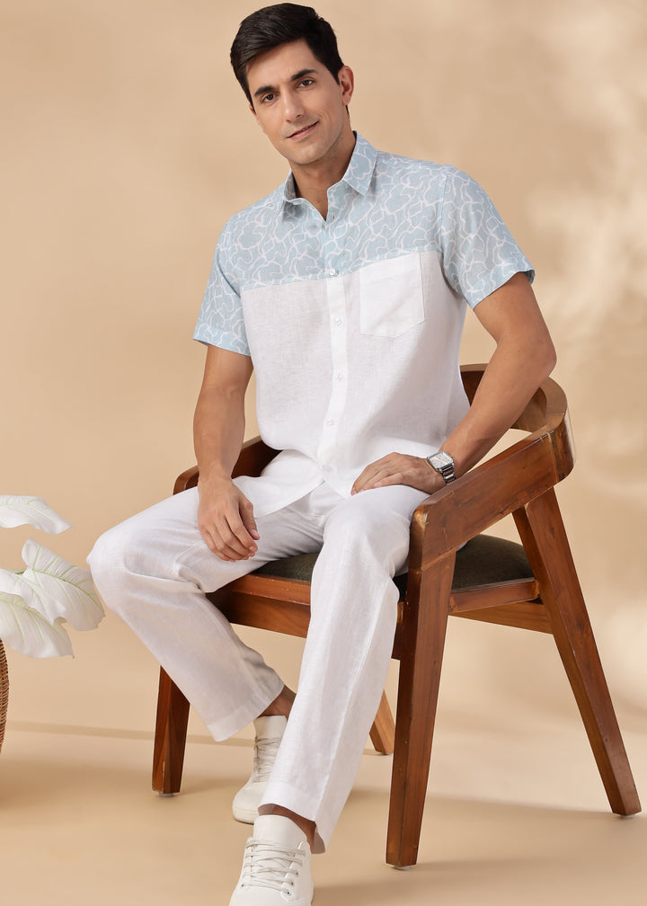 Kyro - Pure Linen Short Sleeve Shirt With Print - White & Light Blue Crest Print