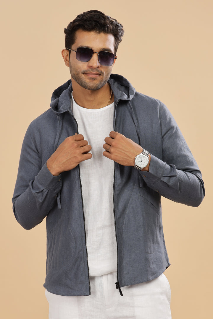 Ace - Pure Linen Hoodie Sweatshirt - Dark Blue Grey