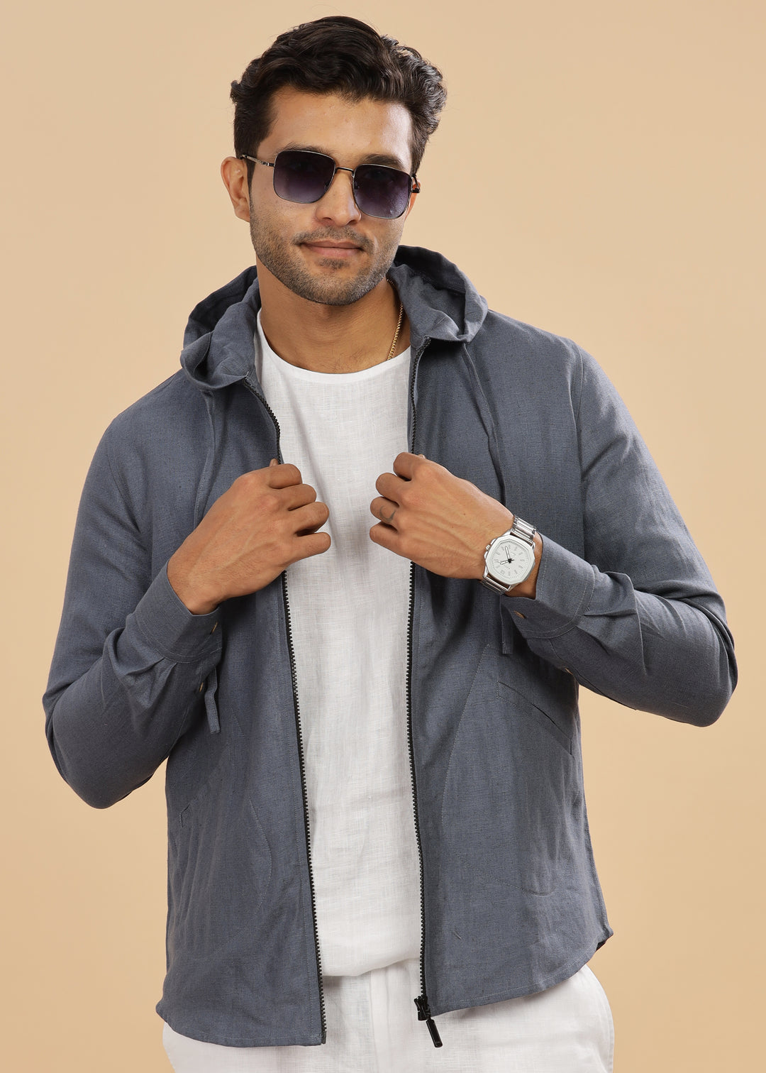 Ace - Pure Linen Hoodie Sweatshirt - Dark Blue Grey