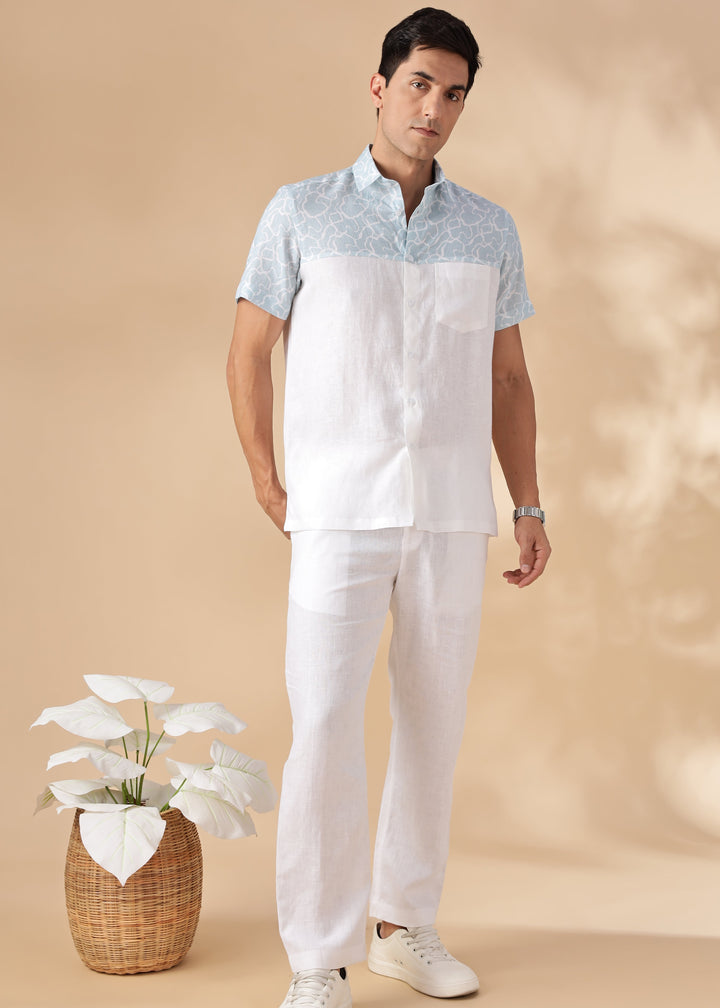 Kyro - Pure Linen Short Sleeve Shirt With Print - White & Light Blue Crest Print