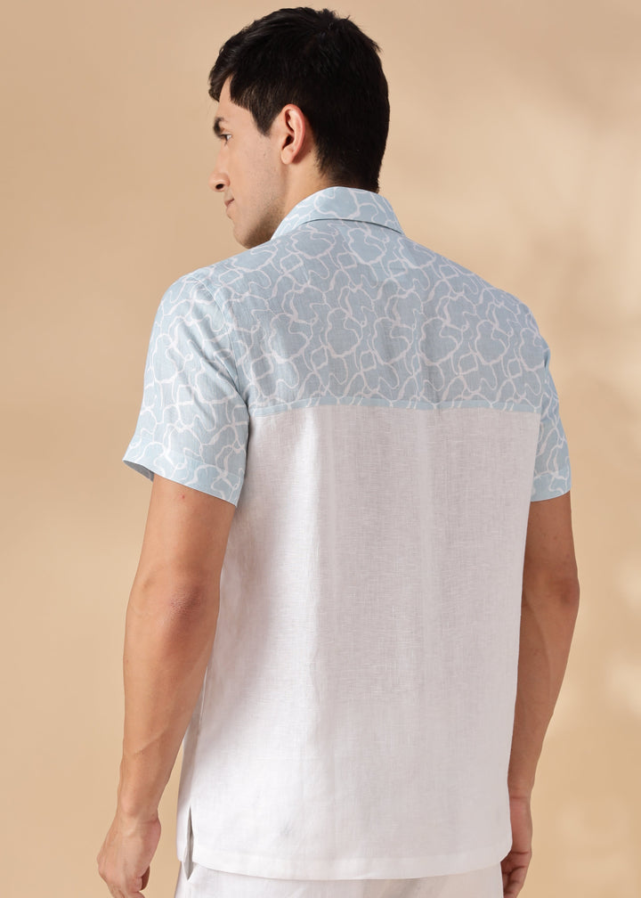 Kyro - Pure Linen Short Sleeve Shirt With Print - White & Light Blue Crest Print