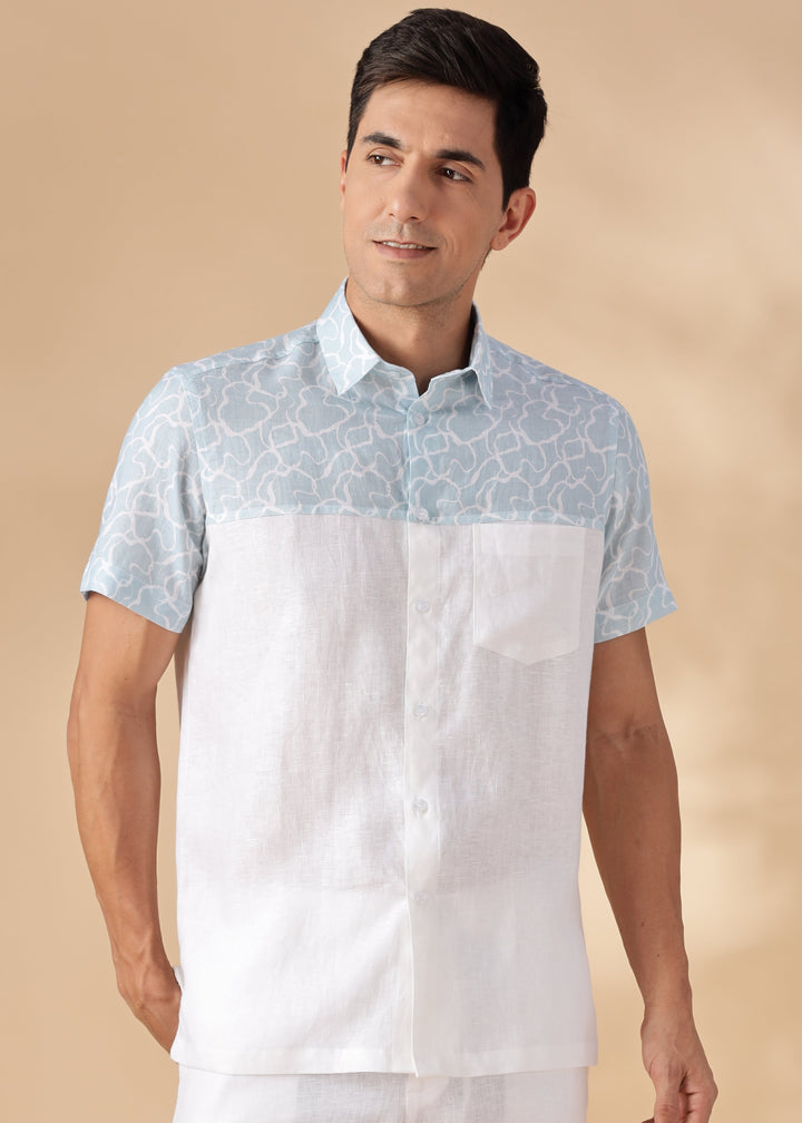 Kyro - Pure Linen Short Sleeve Shirt With Print - White & Light Blue Crest Print