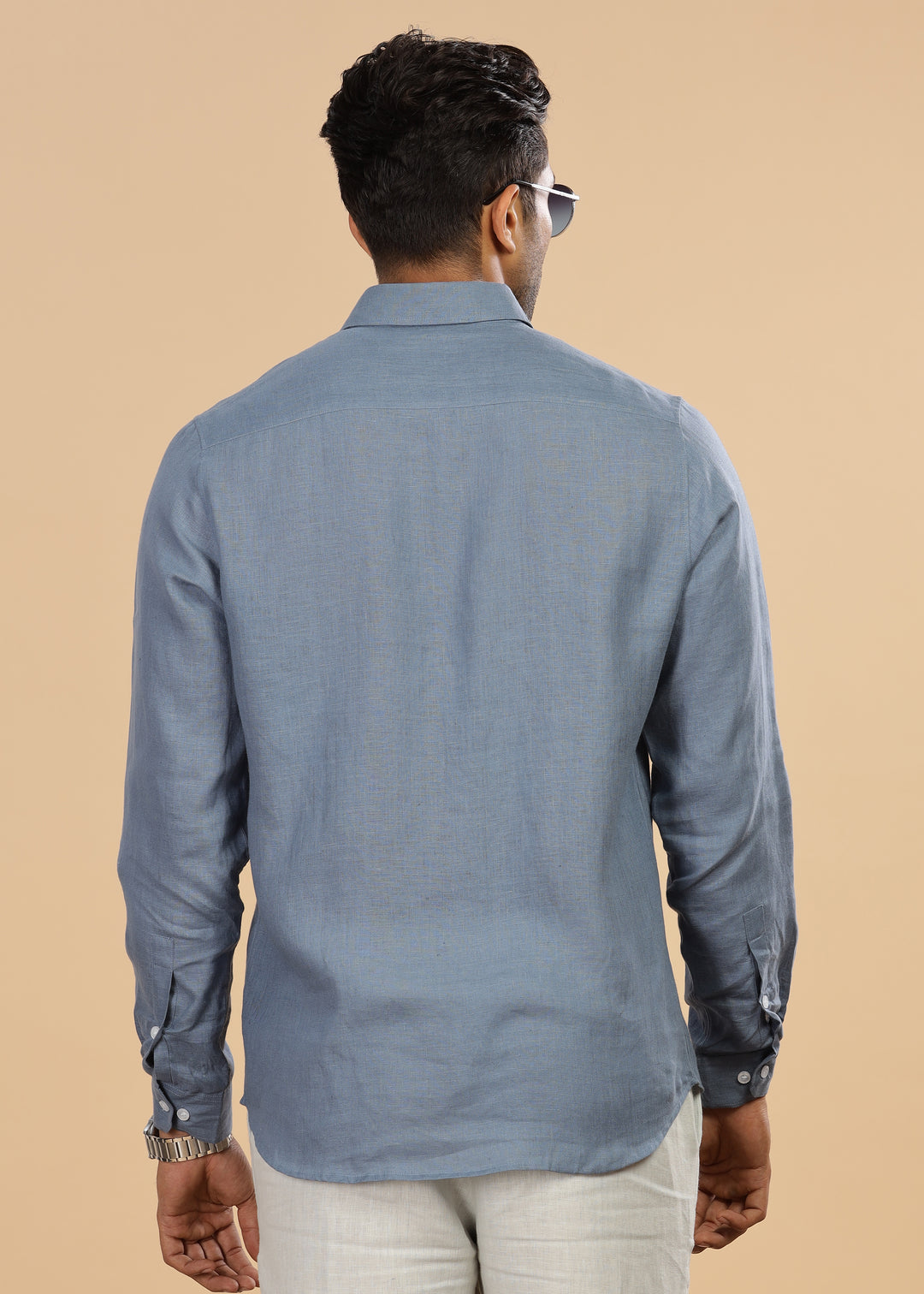 Liam - Pure Linen Double Pocket Classy Full Sleeve Shirt - Blue Grey